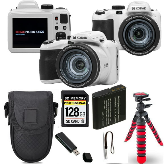 Kodak PIXPRO AZ425 Digital Camera (White)  Spider Tripod   Case - 128GB Kit (International Version)