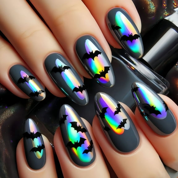 24 Pieces Halloween Almond Fake Nails Bat Pumpkin Design Durability Nails For Women Party Costume Accessories