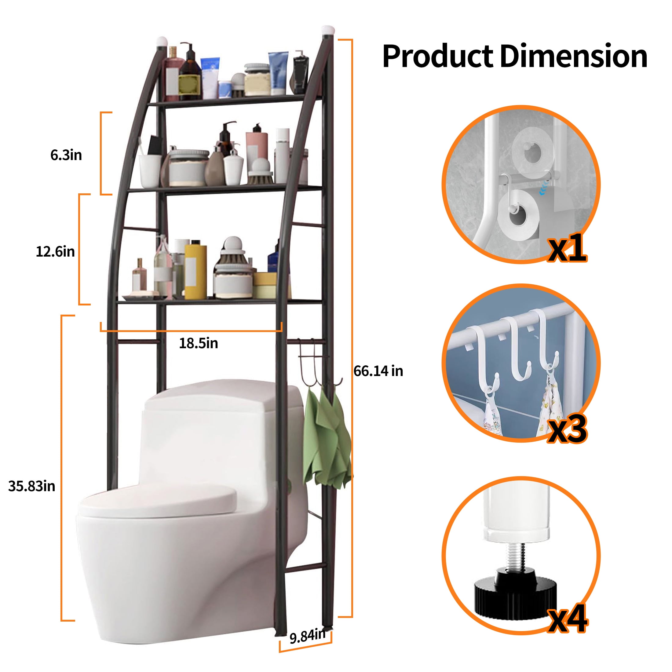 HIOHA 3-Tier Over Toilet Storage Rack with Toilet Paper Roll Holder & 4 Hooks, Steel Bathroom Space Saver Organizer, Black