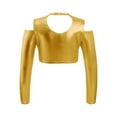 thumbnail image 2 of DPOIS Kids Girls Glossy Metallic Athletic Crop Top Off Shoulder Long Sleeve Dance Sports Shirt Gold 10, 2 of 5