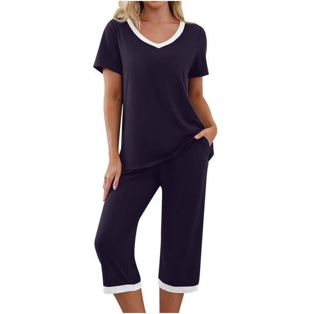 Pajamas for Women Fashion Casual Patchwork Short Sleeve V-Neck Tops ...