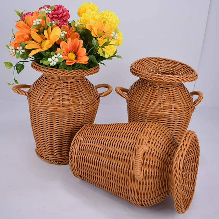 Wicker Vase Rattan Woven Flower Basket Long Rustic Flower Arrangement Holder  for Weddings Home Decor (Light Brown) B 