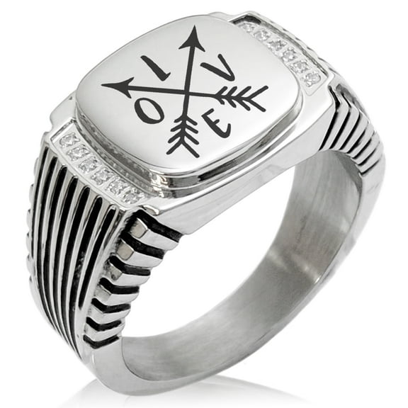 Tioneer Stainless Steel Love Arrow Compass CZ Ribbed Needle Stripe Pattern Biker Style Polished Ring