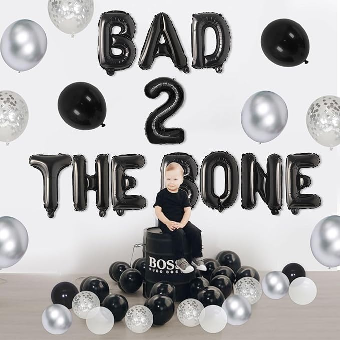 90Pcs Bad Two the Bone 2nd Birthday Party Decorations Black Silver Balloon Garland Arch Kit with Bad 2 the Bone Foil Balloons, Rock N Roll Music Theme 90s Second Birthday Party Decor for Boys