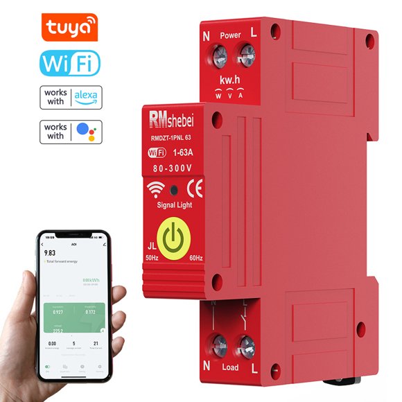 Tuya WiFi Intelligent Circuit Breaker 1P Reclosing Timer Din-rail Mounting Reclose Switch Automatic Automatic Reclosure Protector Mobilephone APP Control Compatible with Alexa and
