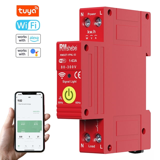 Tuya WiFi Intelligent Circuit Breaker 1P Reclosing Timer Din-rail Mounting Reclose Switch Automatic Automatic Reclosure Protector Mobilephone APP Control Compatible with Alexa and