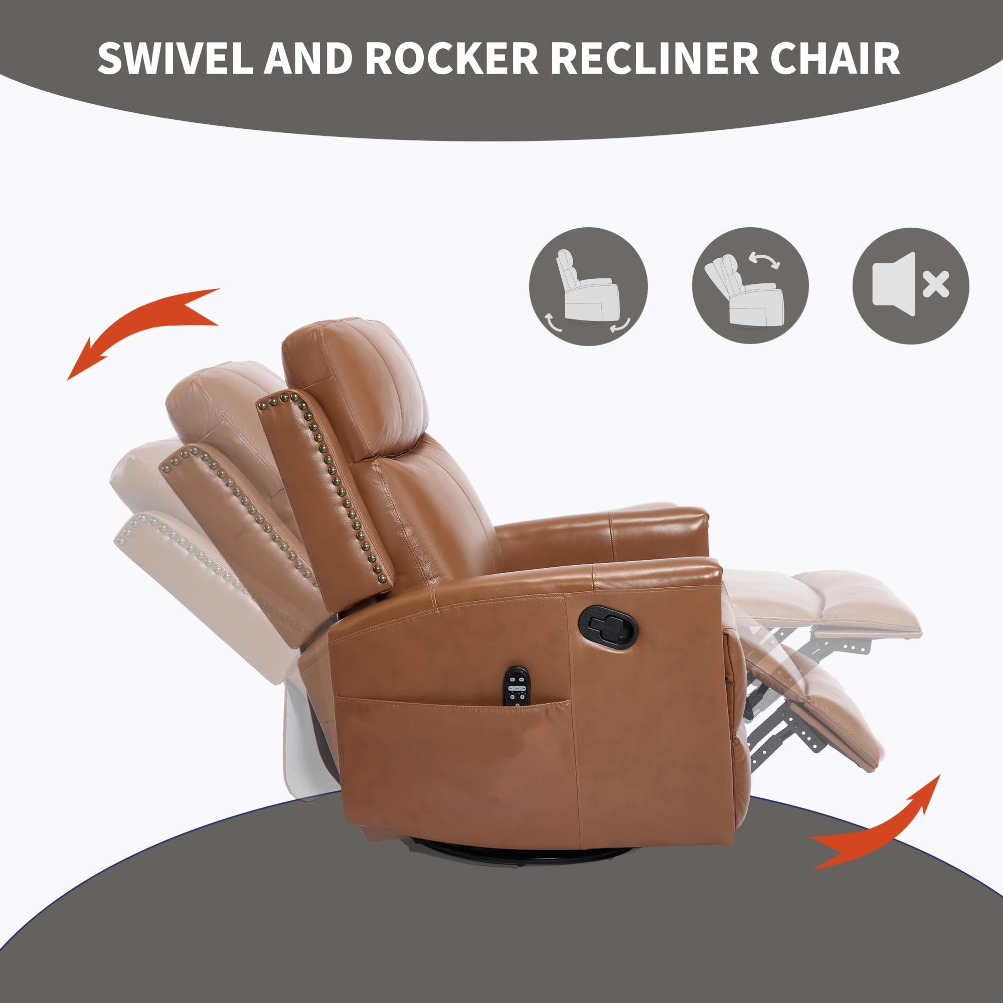 MAYEERTY Deep Yellow Genuine Leather Manual Recliner, 360° Swivel Rocker Heat Massage 31"x38"x42" for Living Room