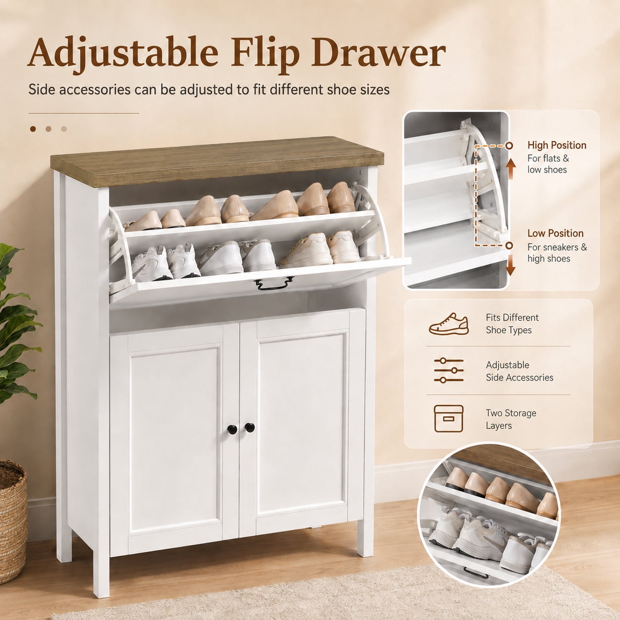 Shoe Cabinet with Flip Drawer, Boot Rack and 6 Boot Clips, Narrow Entryway Shoe Cabinet with Adjustable Shelf, Freestanding Shoe Organizer Cabinet for Entryway, Foyer, 31.5"W x 15.7"D x 45.3"H