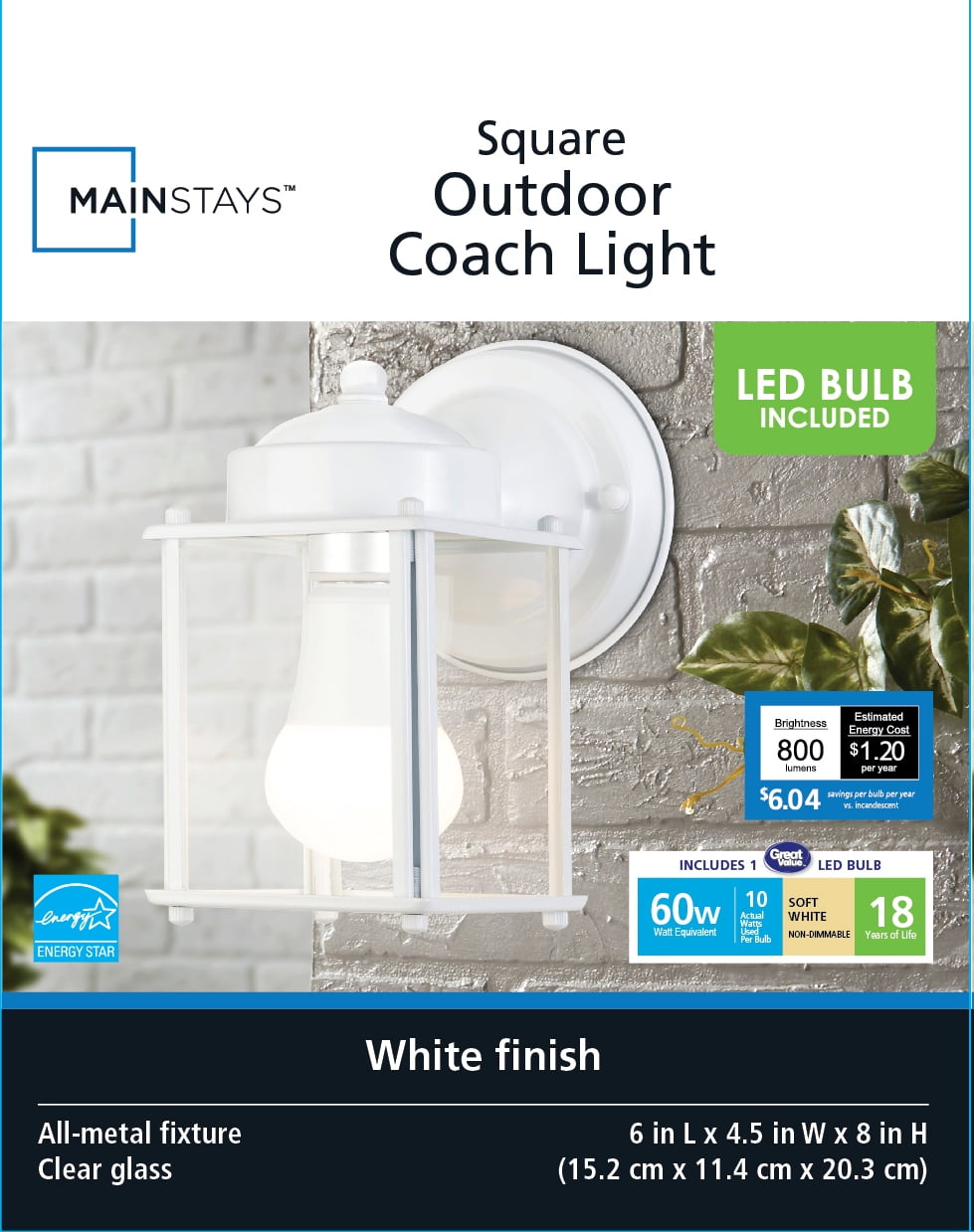 Mainstays Classic 6" White Square Outdoor Coach Light Lantern, Wall Mounted, Hardwired, Bulb Included