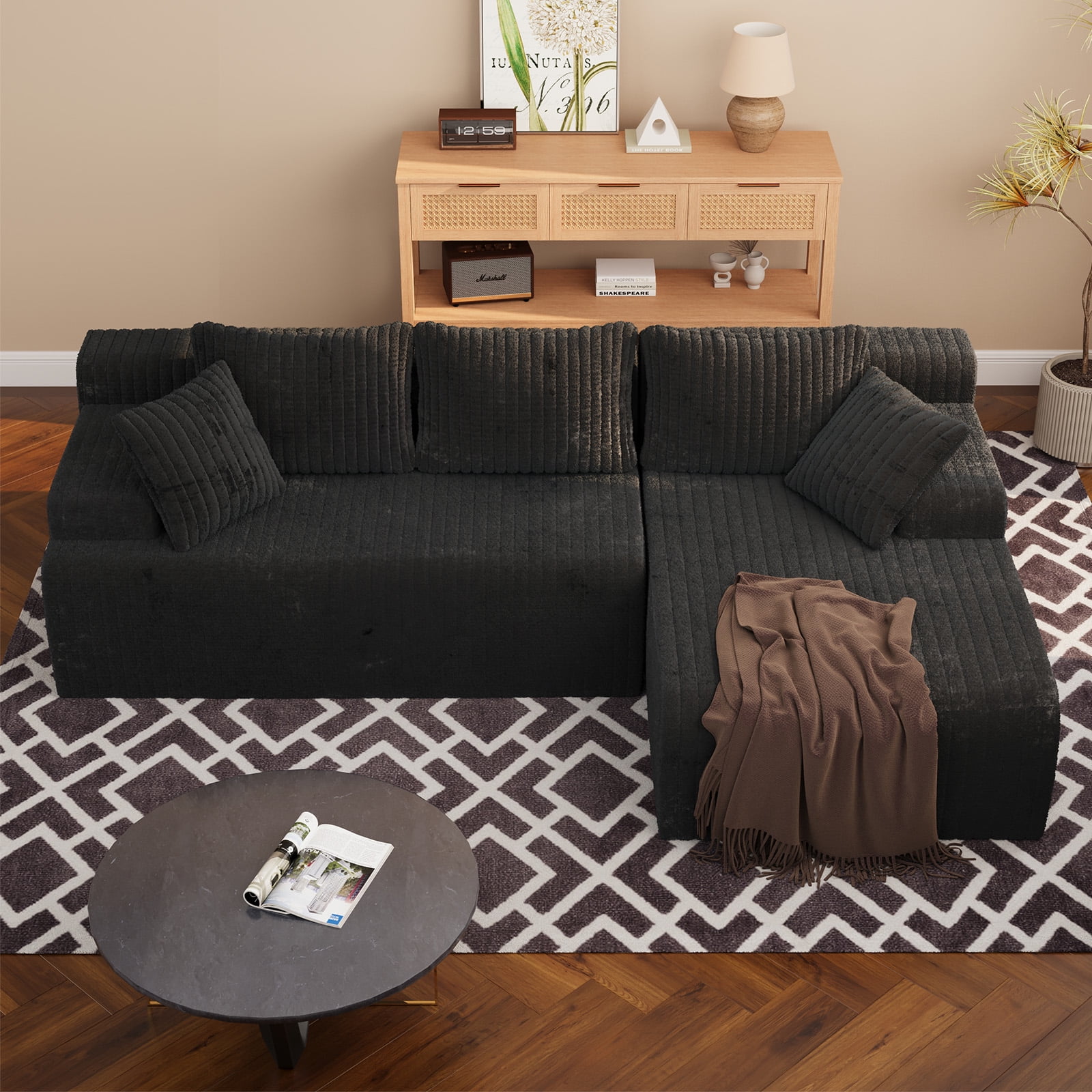 LAUSAINT HOME 96" Boneless Sectional Sofa, L-Shaped Modular Cloud Couch with Deep Seat & Plush Corduroy Fabric, (Black, Right Facing Chaise)