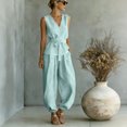 thumbnail image 3 of Pounoo Women's Jumpsuits V Neck Sleeveless Tie Waist Solid Jumpsuit Daily Wear Lightweight Breathable Loose Fit Casual Jumpsuits Gift, 3 of 7