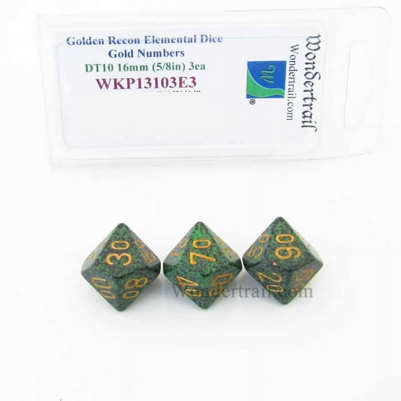 Golden Recon Elemental Dice with Gold Numbers 16mm (5/8in) DT10 Pack of 3 Wondertrail
