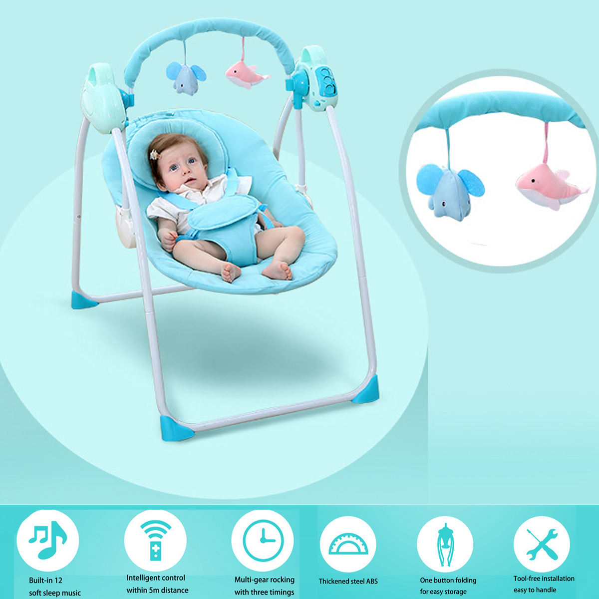 Electric Baby Bouncer Swing Seat Portable Electric with Bluetooth Music Infant Cradle Chair and Remote Control, Blue