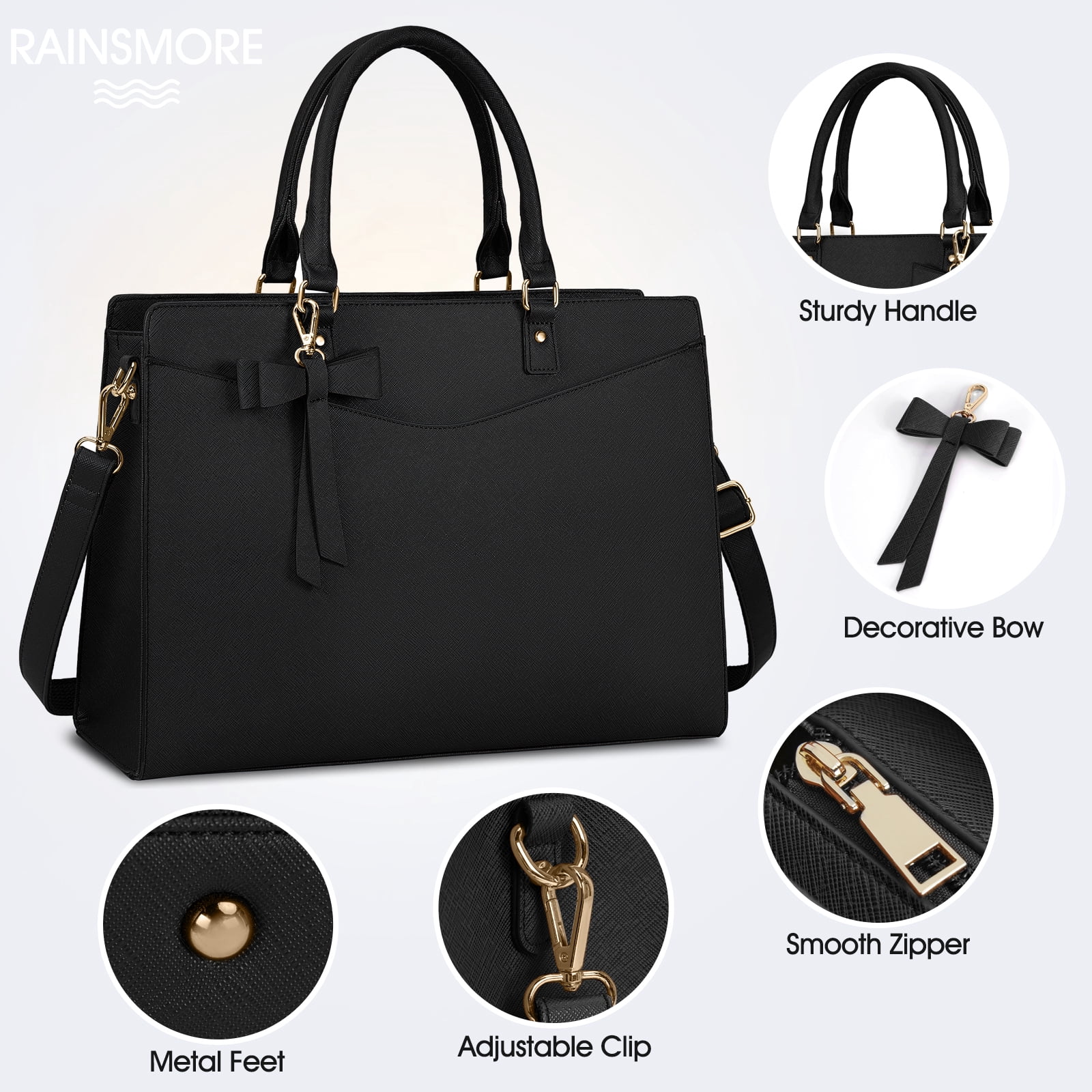 RAINSMORE Laptop Bag for Women 15.6 Inch PU Tote Bag Business Office Work Bag Waterproof Briefcase Computer Tote Lightweight Handbag Shoulder,Black