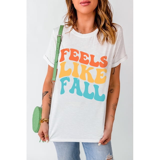 ABPHQTO Camiseta estampada de manga corta blanca FEELS LIKE FALL para mujer