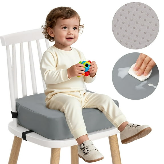 Toddler Booster Seat for Dining Table, Caveen Waterproof Booster Seat for Kitchen Chair, with Adjustable Straps, Portable Increasing Cushion at Home or Going Out, Non-Slip, Grey