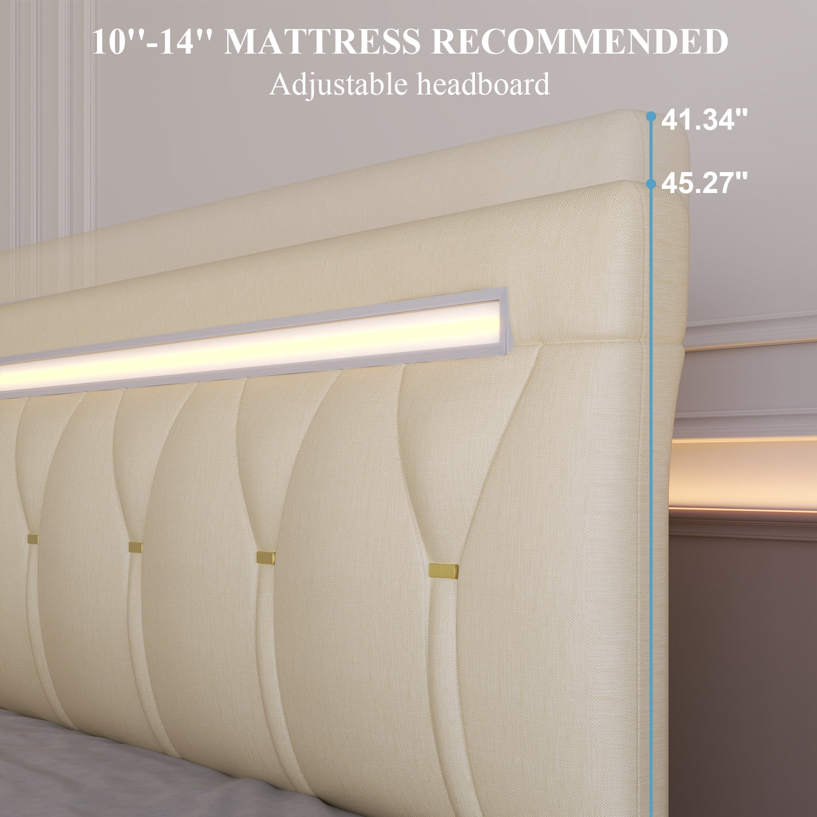 Holiway Queen Size Bed Frame with LED Lights and Adjustable Headboard, Upholstered Platform Bed with Charging, No Box Spring Needed, Beige