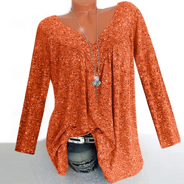 Qucoqpe - Camisetas tipo túnica de manga larga con cuello en V, fruncidas, lisas, de talla grande, para mujer, estilo informal, holgadas, en liquidación
