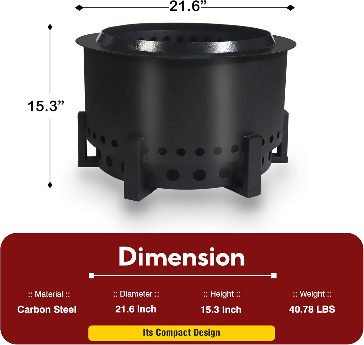 Portable Smokeless Fire Pit 21.6 Inch - Fire Pit with Innovative Airflow System - Durable Carbon Steel Bonfire for Outside Experience