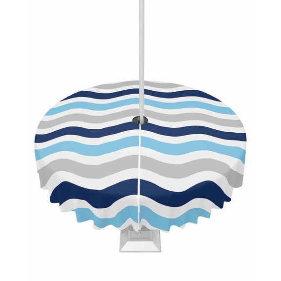 Fsddascl Navy Blue Grey Outdoor Tablecloth - 60 Inch Round Dining Table Cover, Abstract Geometric Ocean Wave Stripe Waterproof Outdoor Table Cloth with Umbrella Hole & Zipper for Picnic/Patio/Party