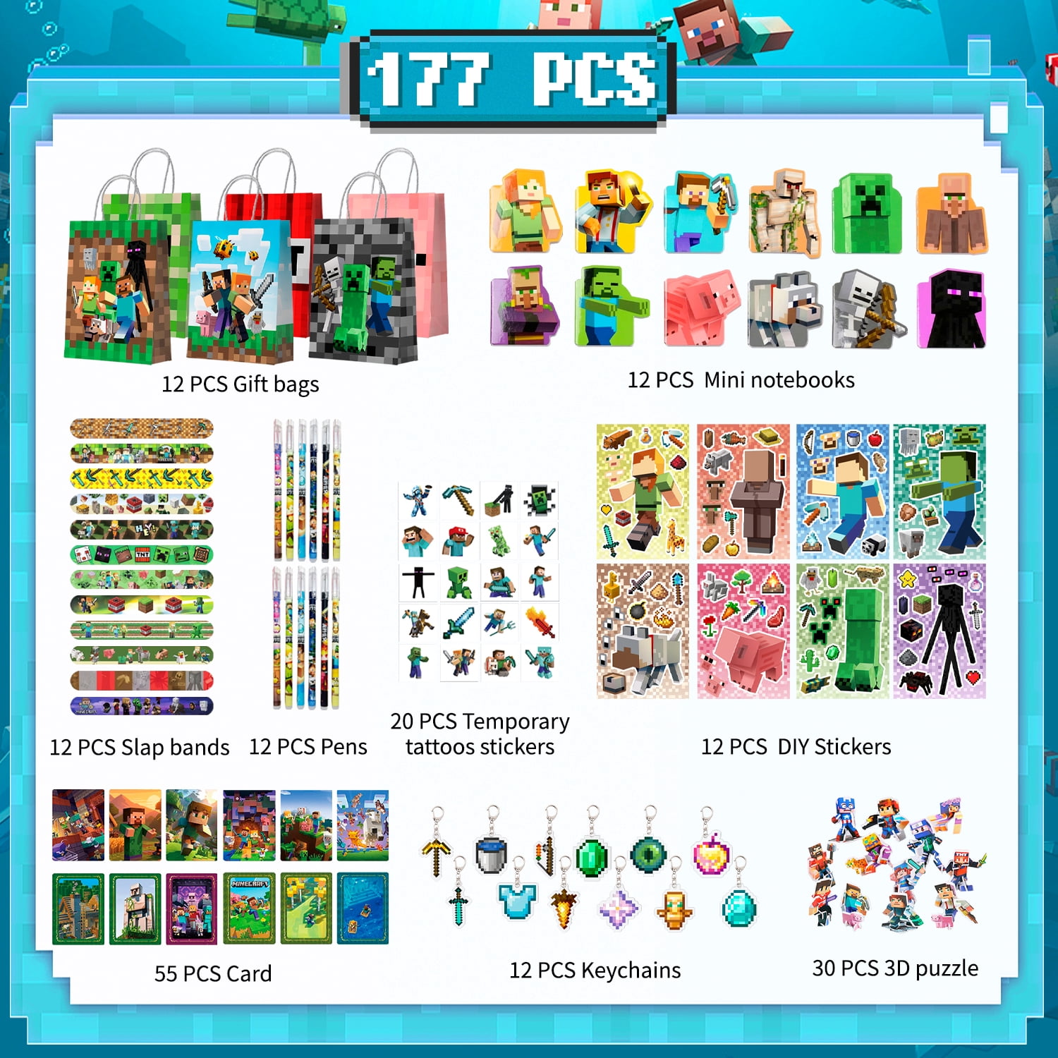177Pcs Cube Party Favors for Kids, Cube Birthday Party Favors Set- Cube Gift Bags Key Chains Stickers Notebooks etc Cube Party Supplies for Party School