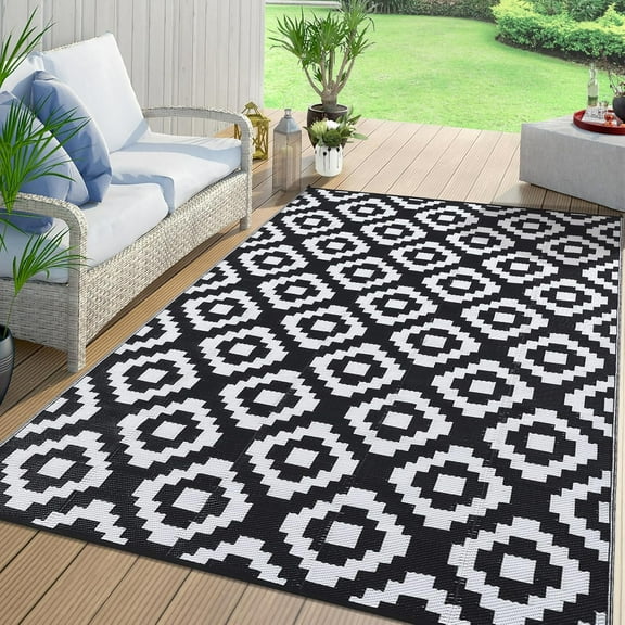 Funslane 9x12' Outdoor Rug, Reversible Plastic Patio Rugs with Storage Bag, Portable Modern Waterproof Outside Carpet for Camping, Balcony Deck Backyard, Black & White