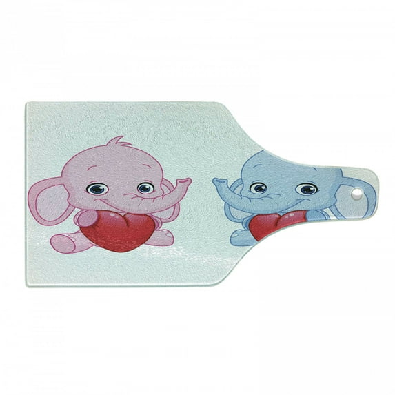 Animal Cartoon Cutting Board, Pink and Blue InfantHolding Hearts Smiling Twins, Decorative Tempered Glass Cutting and Serving Board, Wine Bottle Shape, Pale Pink Blue White, by Ambesonne