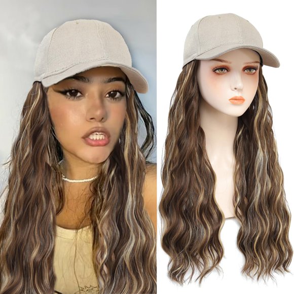 Yunkang Gorra de béisbol Peluca Extensiones largas de cabello ondulado natural con sombrero Postizos de fibra sintética resistentes al calor Peluca ajustable para mujeres y niñas (T-rubio marrón)