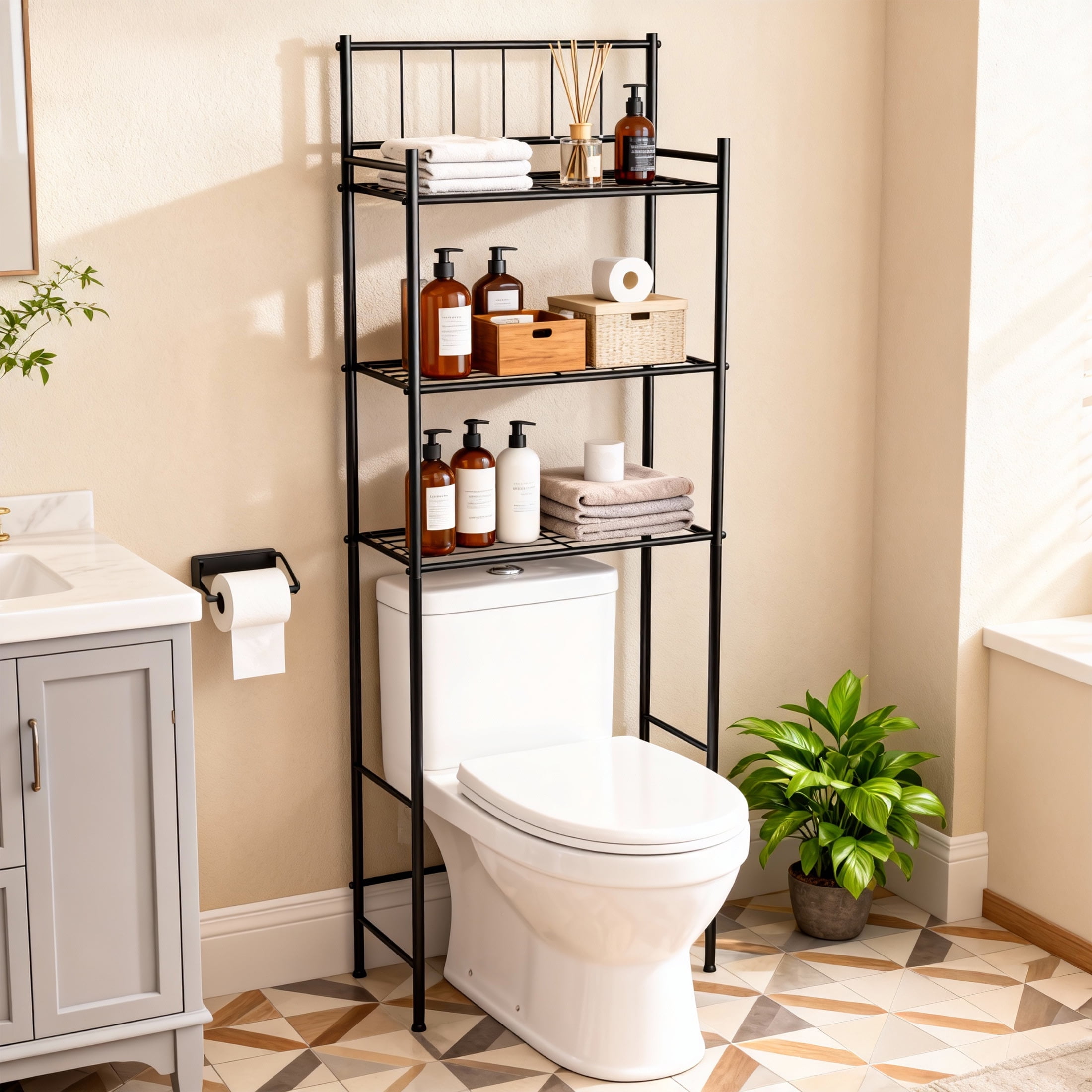 GARITIN Over the Toilet Storage, 3-Tier Over Toilet Storage Rack for Bathroom, Metal Bathroom Organizer Shelves Over Toilet, Black
