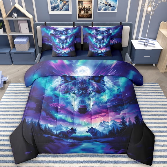 Erosebridal Neon Galaxy Aurora Bedding Sets Twin Size,Jungle Animals Wolf Comforter Sets With Sheets,Nature Mountain Landscape For Boys Teens,Microfiber Bedroom Decor Reversible,7-Piece