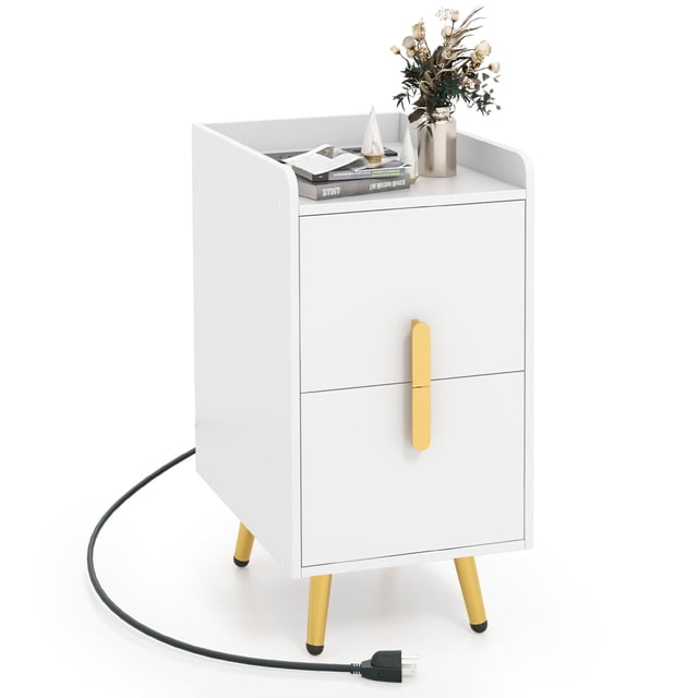 Costway Table de Chevet avec Station de Recharge Table d'Appoint pour la Maison et le Canapé avec 2 Tiroirs Blanc