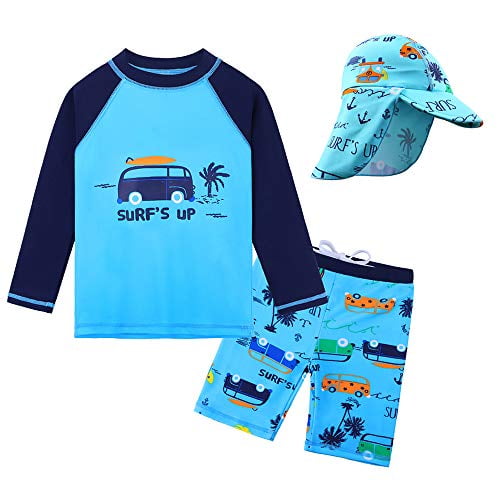 HUAANIUE Maillot de Bain Garçon Bébé Tout-Petit Ensemble Maillot Dermoprotecteur Maillot de Bain UPF 50 Voiture avec Chapeau 6-12 Mois