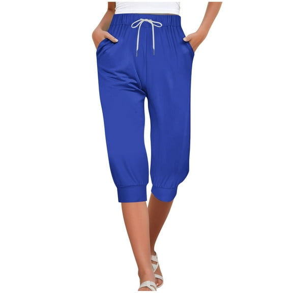 TFEOQRY Capris Pants for Women Solid Color Drawstring Tied Cropped Pants with Pockets Elastic Waisted Trousers Blue