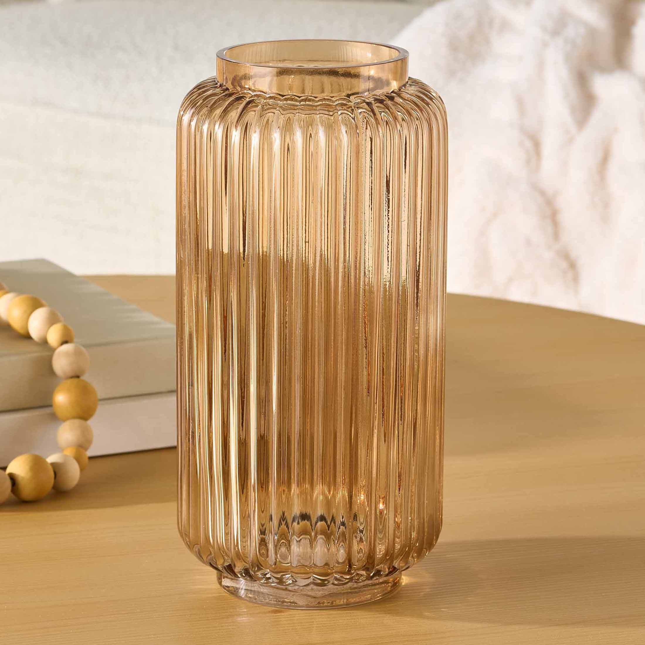 Better Homes & Gardens Ribbed Glass Vase, 10", Champagne