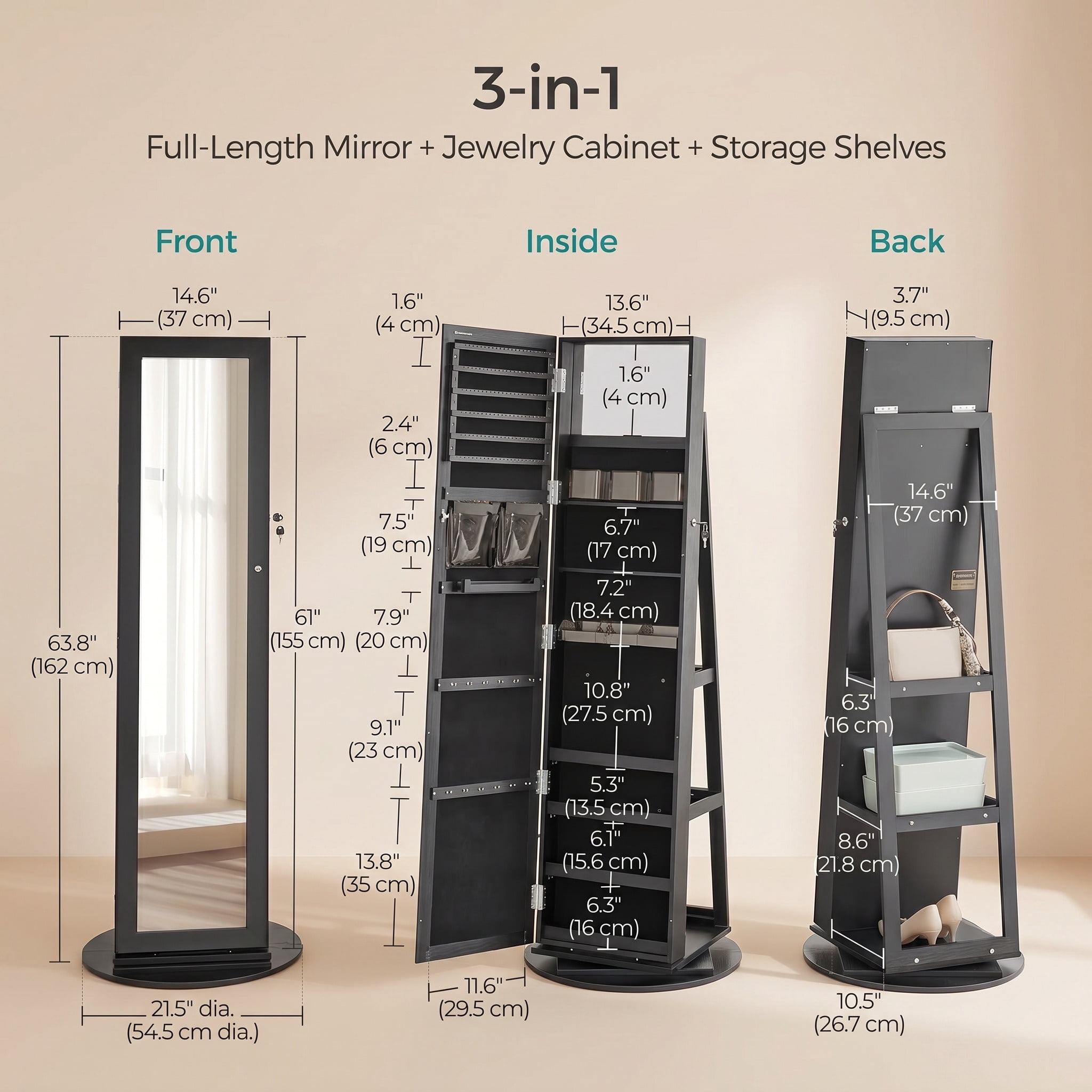 Nordic Hygge 360° Swivel Lockable Jewelry Cabinet with Full-Length Mirror & Rear Storage – Black