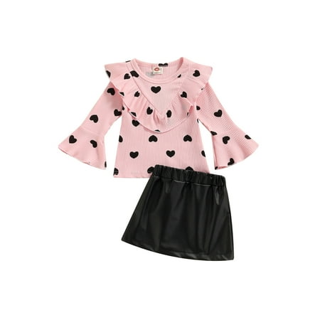 

Canrulo Toddler Baby Girls Heart Print Ruffle Long Sleeve Pullover Tops PU Leather Mini Skirt Outfits Pink 1-2 Years