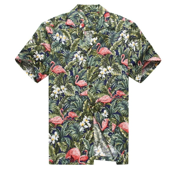 Made in Hawaii Men's Hawaiian Shirt Aloha Shirt Flamingo in Rain Forest Jungle Navy