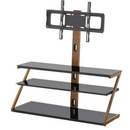 Tempered Glass Height Adjustable Universal Swivel Glass Floor Media Storage Stand With Mount Heat-Transferred Printing Metal Tube, Walnut/Black