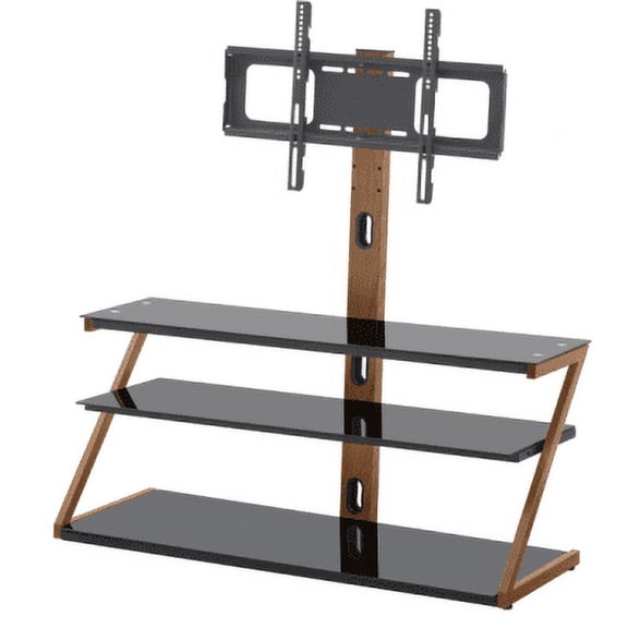 Tempered Glass Height Adjustable Universal Swivel Glass Floor Media Storage Stand With Mount Heat-Transferred Printing Metal Tube, Walnut/Black