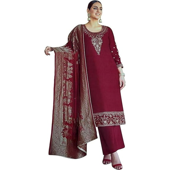 Indian Designer Cotton Casual Wear Palazzo Pant Suits Beautiful Pakistani Shalwar Kameez Dress ( Maroon, S - 38 )