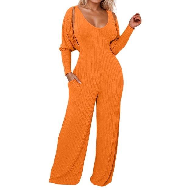 TrendOFT Formal Jumpsuit For Women Summer Plus Size Casual Long Sleeve Deep V Neck High Stretch Ribbed Rompers For Women One Piece Overalls Orange XXL