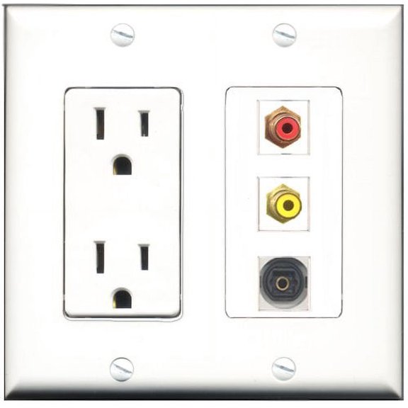 RiteAV - 15 Amp Power Outlet 1 Port RCA Red 1 Port RCA Yellow 1 Port Toslink Decorative Wall Plate