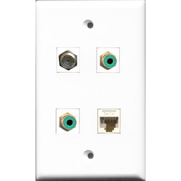 RiteAV - 2 Port RCA Green and 1 Port Coax Cable TV- F-Type and 1 Port Cat6 Ethernet White Wall Plate