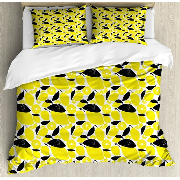 Lemons King Size Duvet Cover Set, Summer Breeze Sketched Yellow Lemon