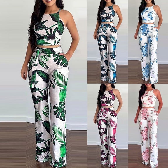 Azrian Women Pajamas Sets Activewear,Womens Plus Size Pajamas Sets Fashion Casaul Summer Sleeveless Print Short CamisTop   Long Pant Set