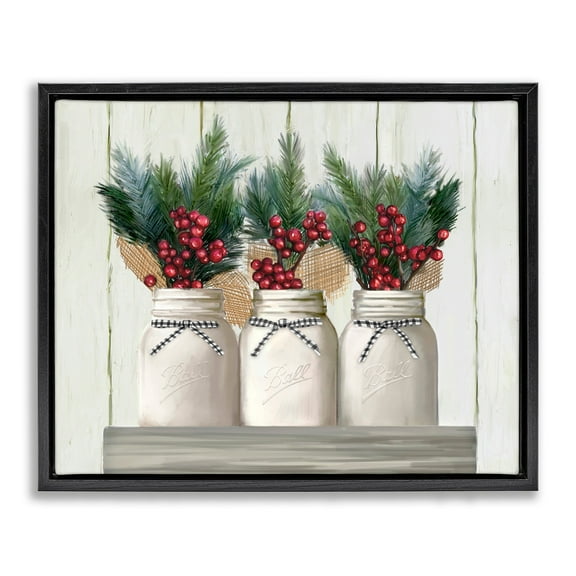 Stupell Industries White Country Jars with Christmas Berry Bouquets Jet Black Framed Floating Canvas Wall Art, 16x20, by Ziwei Li