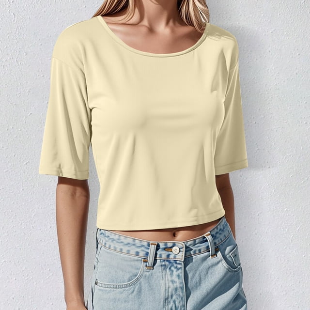 T-Shirt Court Basique Décontracté pour Femmes Col Rond Manches Courtes Ajusté pour Usage Quotidien avec Jeans Pantalons Jupes