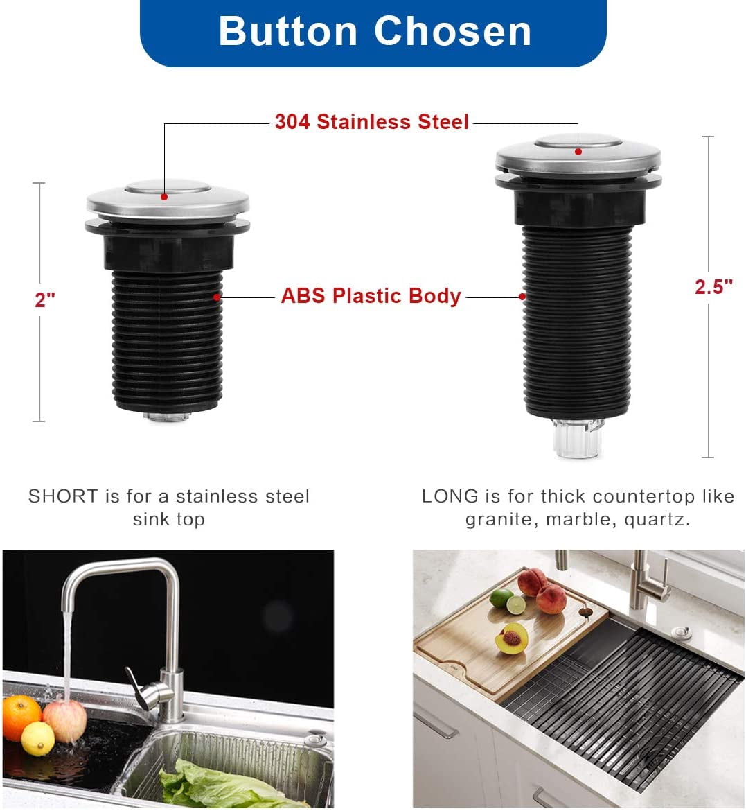 Garbage Disposal Air Switch Kit Dual Outlet Sink Top Waste Disposer On/Off Switches with ABS Power Module Long Stainless Steel Brushed Button by