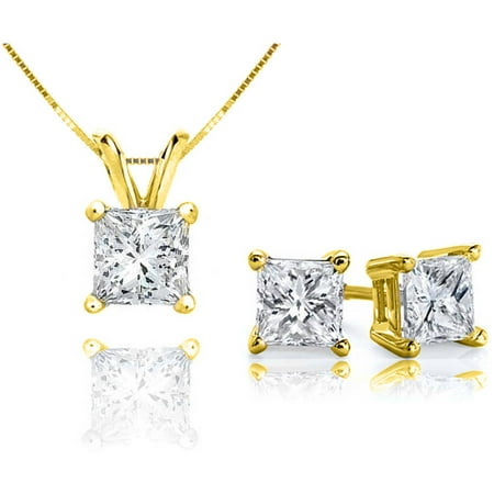 Chetan Collection 0.60 Carat T.W. Diamond 10kt Yellow Gold Princess-Cut Pendant and Earring Set
