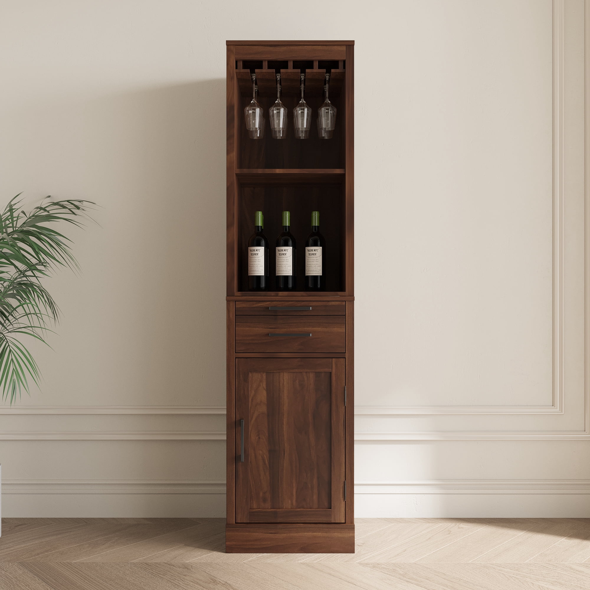 Wine Bar Cabinet with Hutch, Modular Storage Cabinet for Dining Room or Office with Drawer and Shelves, Brown Walnut Finish, Versatile Home Organization